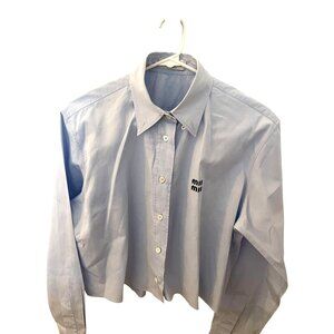 Miu Miu Light Blue Button-Up Shirt With Embroidered Logo Long Sleeves & Collared